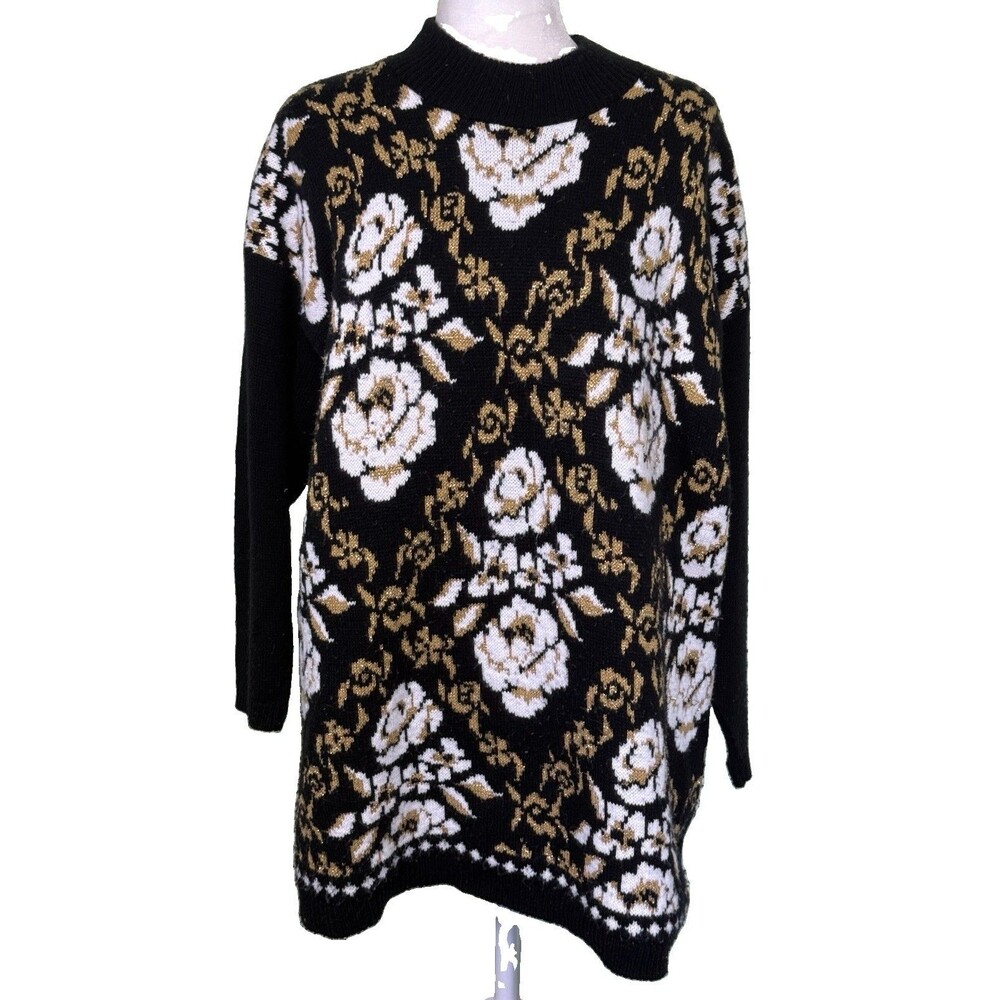 Vintage Trimmings Sweater 18W White Rose Mock Neck Black Gold Whimsigoth Gothic